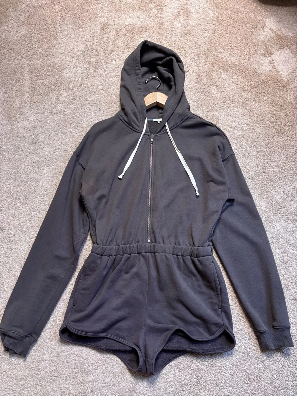 Free People Hooded Lounge Romper Dark Grey